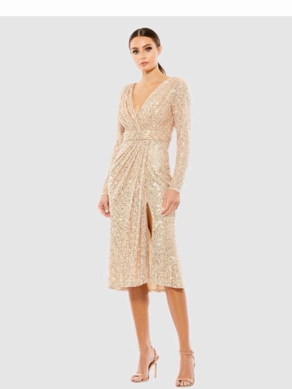 Mac Duggal Champagne Sequin Wrap Midi Dress with Long Sleeves